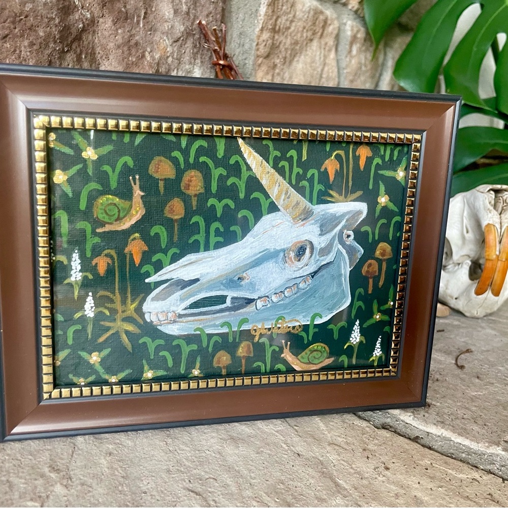 Framed Unicorn Skull painting
